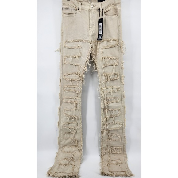 Rockstar Original Mens Jean Beige Size 32 Super Stacked Flare Jeans Distressed - Picture 1 of 6